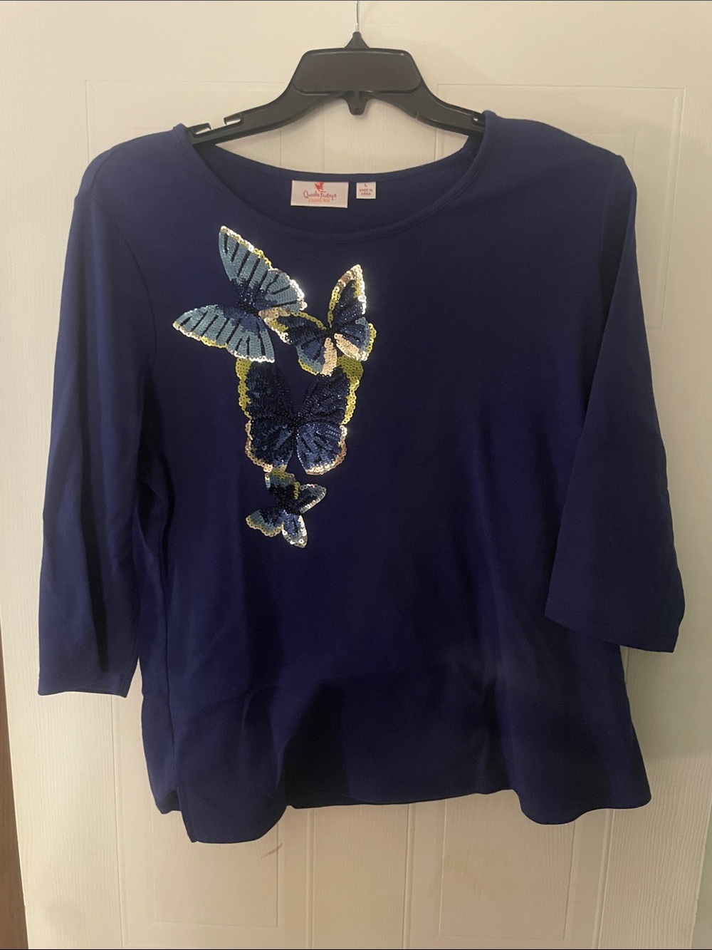 Quacker Factory by Jeanne Bice Navy Sequin Butterfly Knit Top
